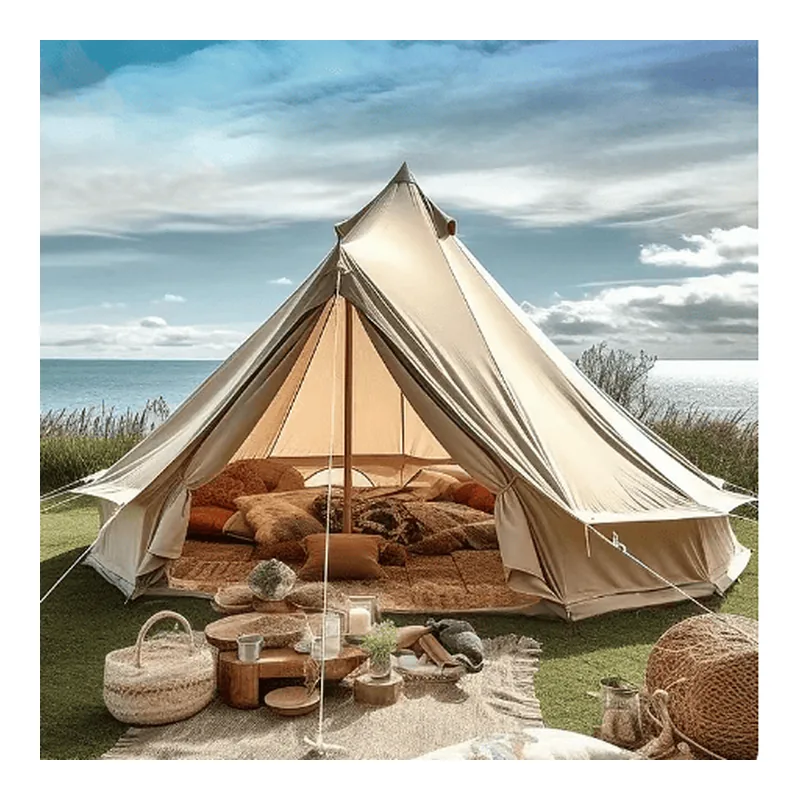Outdoor and camping gear sourced from China - canvas bell tent pitched with rugs and baskets | Goodcantrading