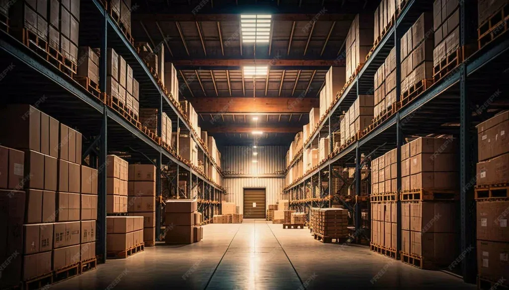 Racked storage aisle in a China consolidation warehouse holding goods from several suppliers before one shipment