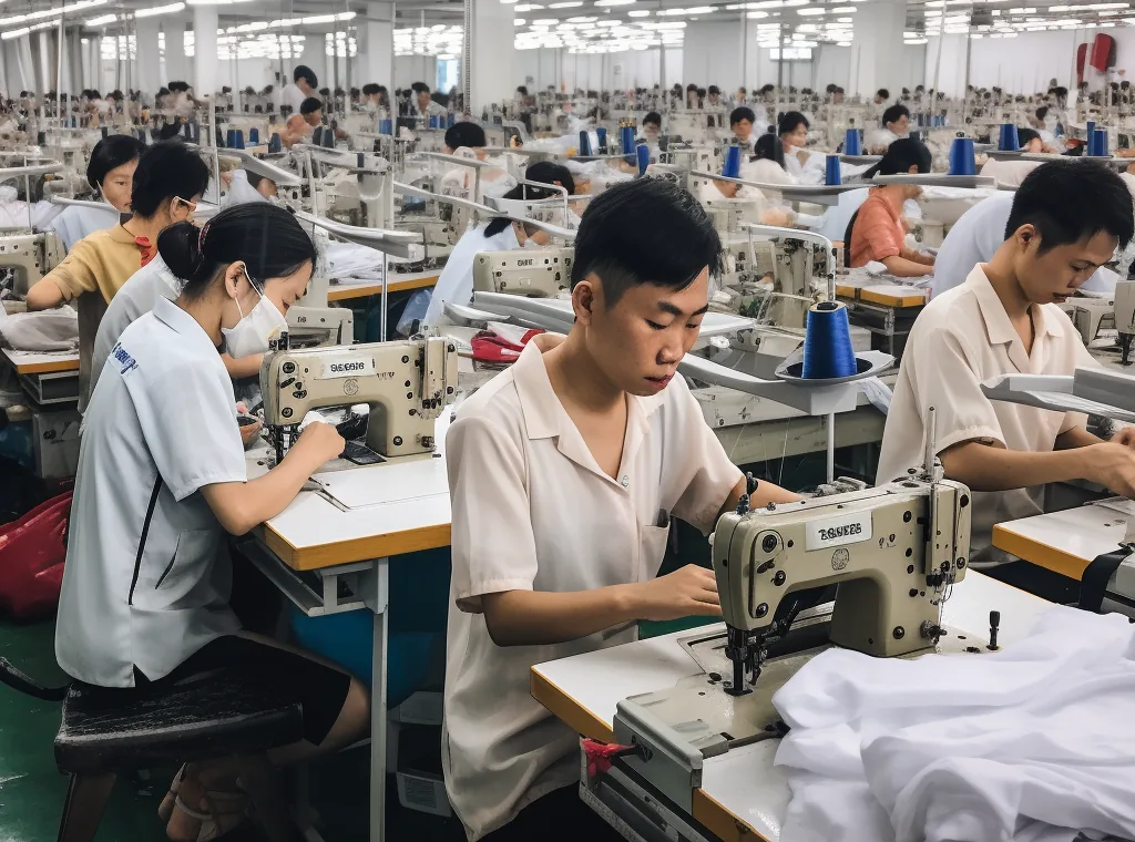 Sewing line inside a Chinese garment factory running an OEM and private label order for an overseas buyer