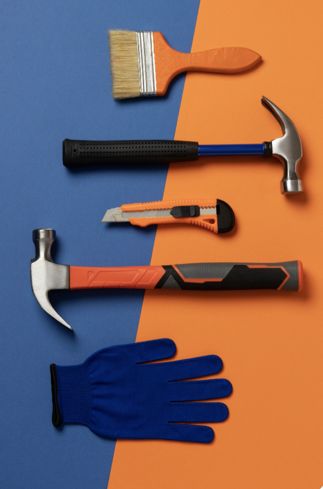 top-view-steel-hammer-with-other-construction-elements-tools