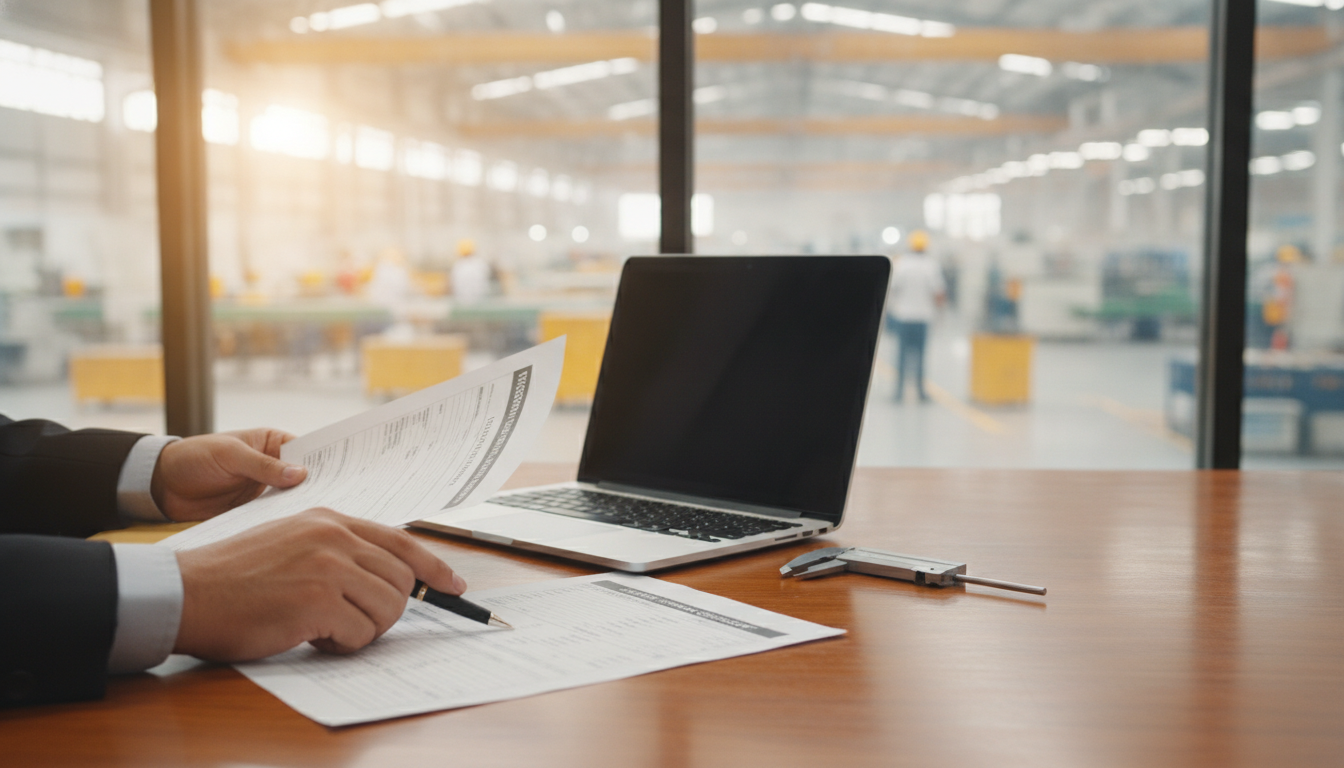 Auditor reviewing factory business license and quality control documentation