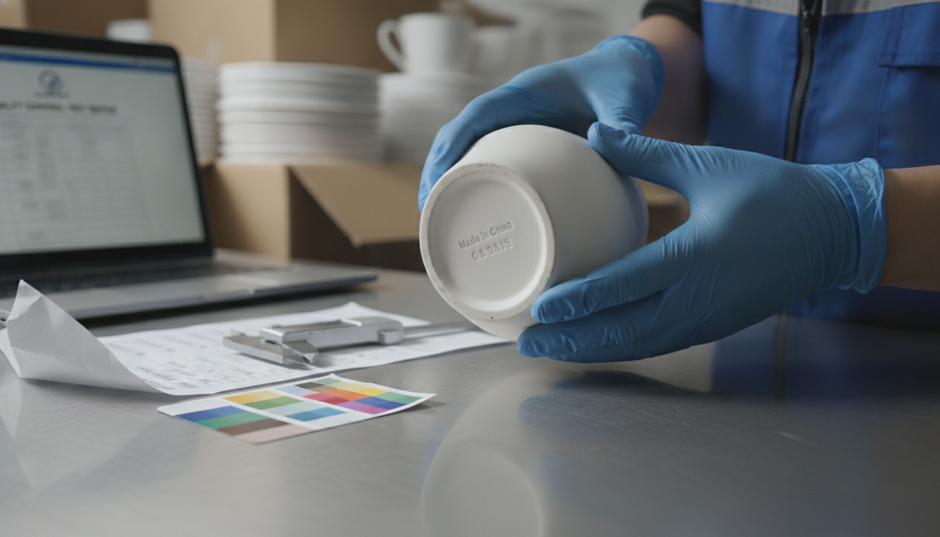 Quality inspector verifying country-of-origin marking on ceramic home decor product in China factory