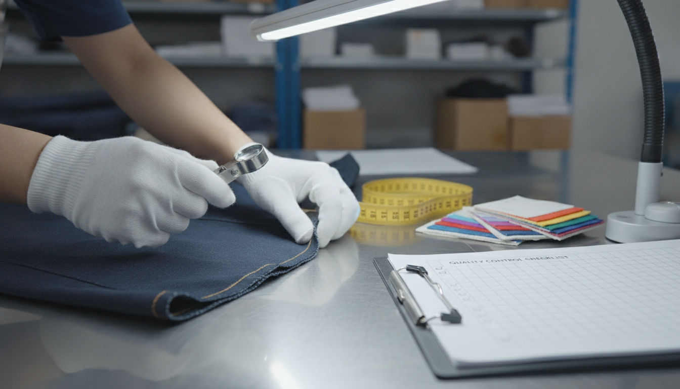 Quality inspector examining garment sample on inspection table in Guangzhou warehouse