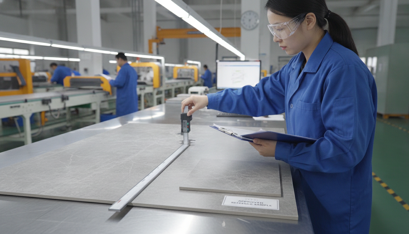 Quality inspector measuring construction material dimensions during pre-shipment inspection