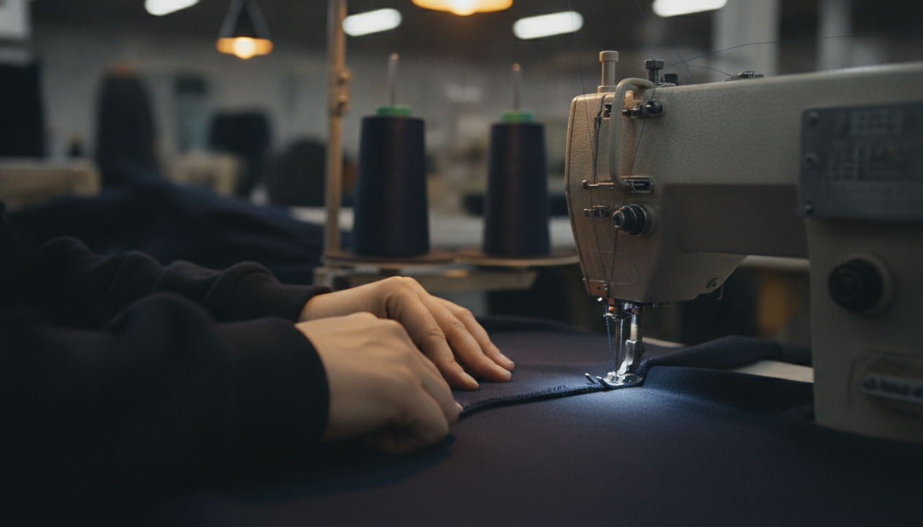 Low-MOQ cut and sew production line operator working on hoodie garment