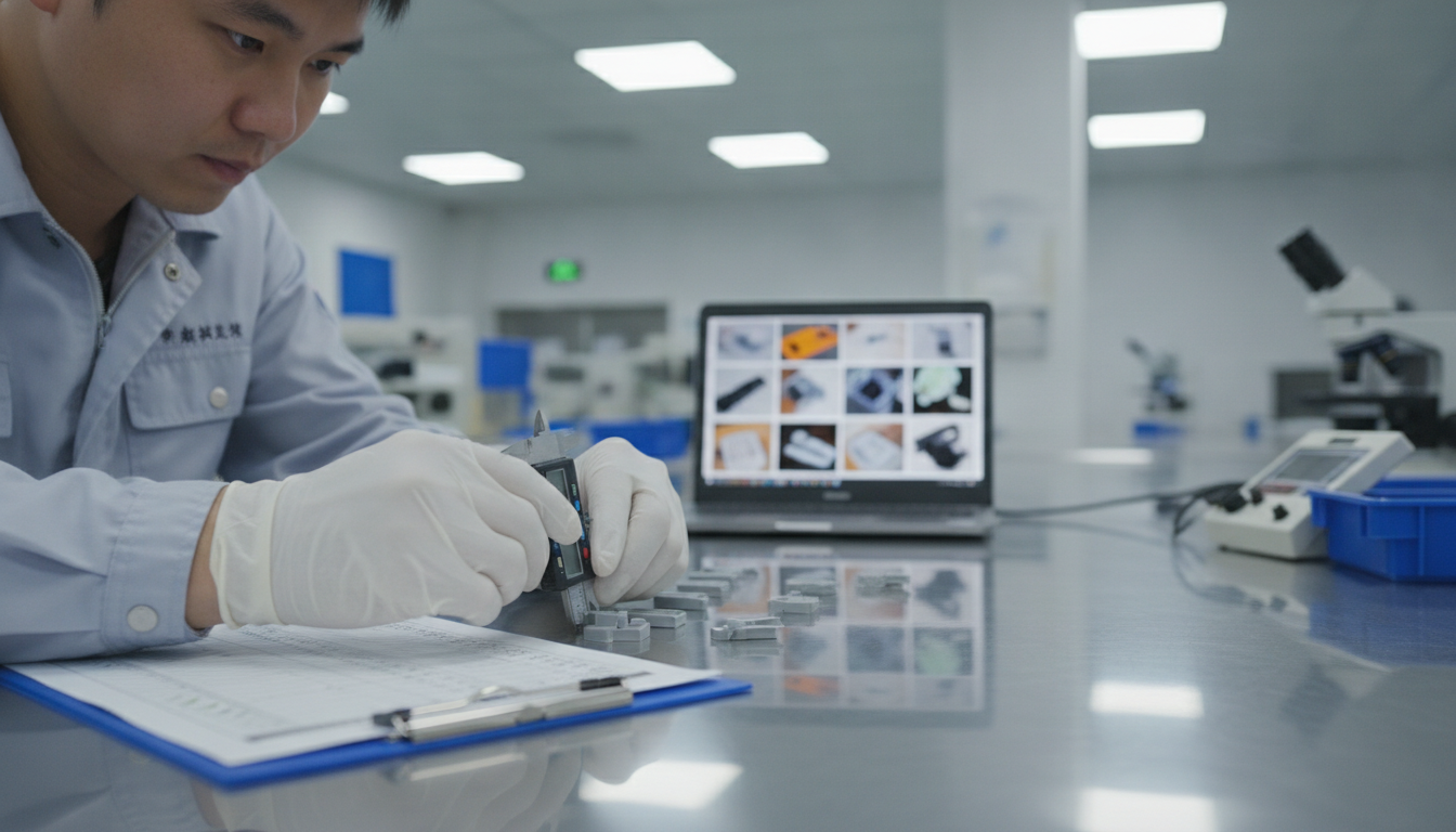 Quality control inspector measuring product samples during pre-shipment inspection in China factory