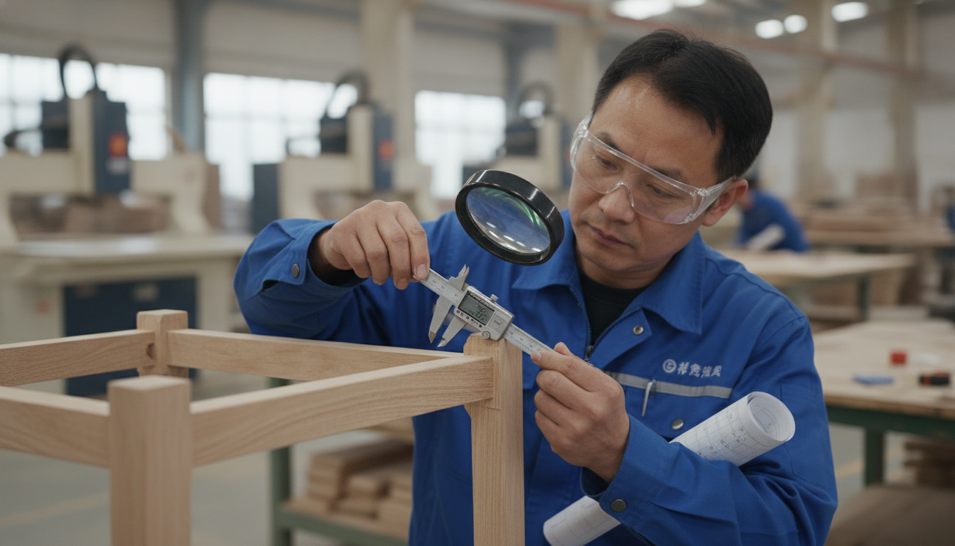 Quality control inspector examining Foshan furniture construction during factory audit