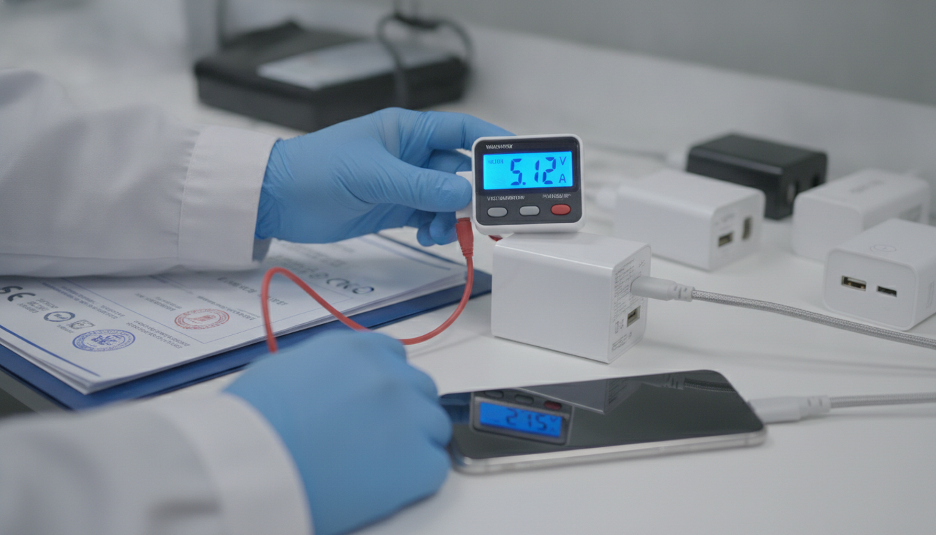Quality inspector testing wholesale phone charger electrical output with USB power meter