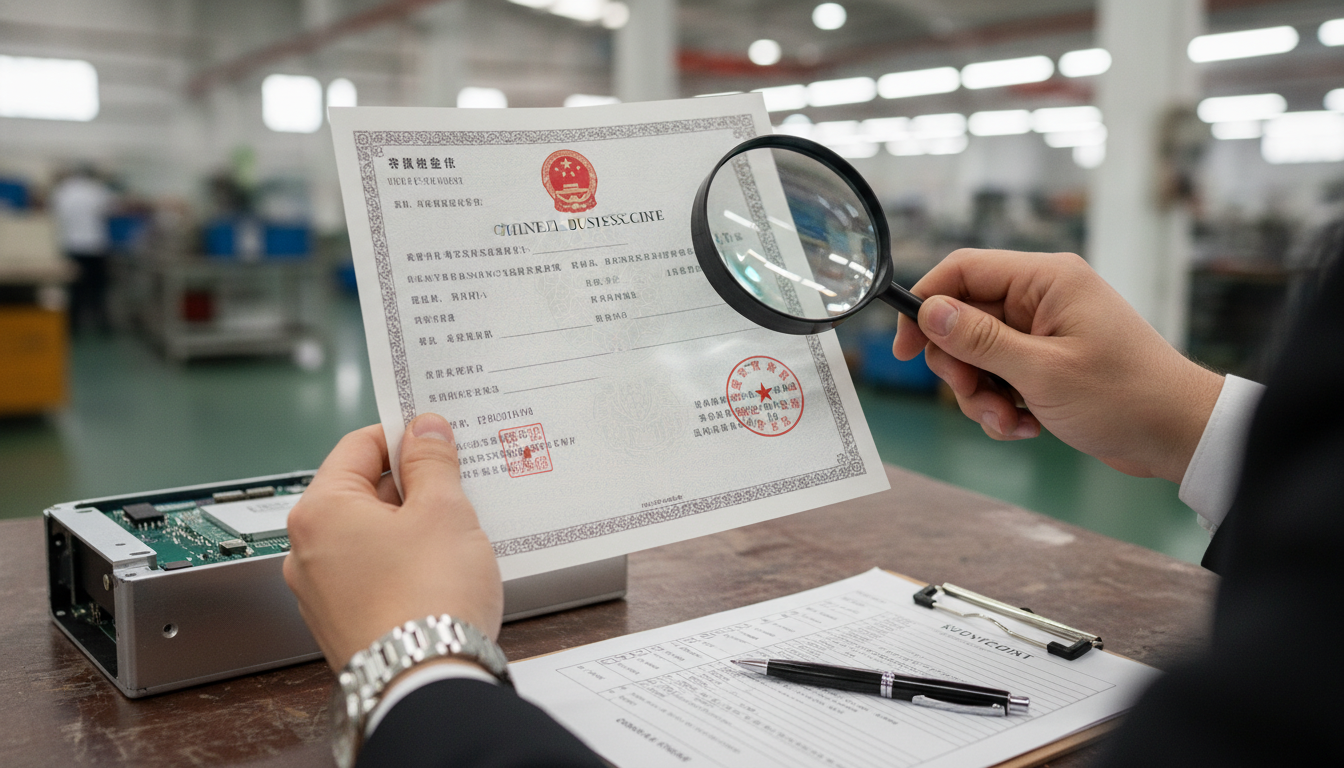 Sourcing agent verifying Chinese business license and factory production sample during audit