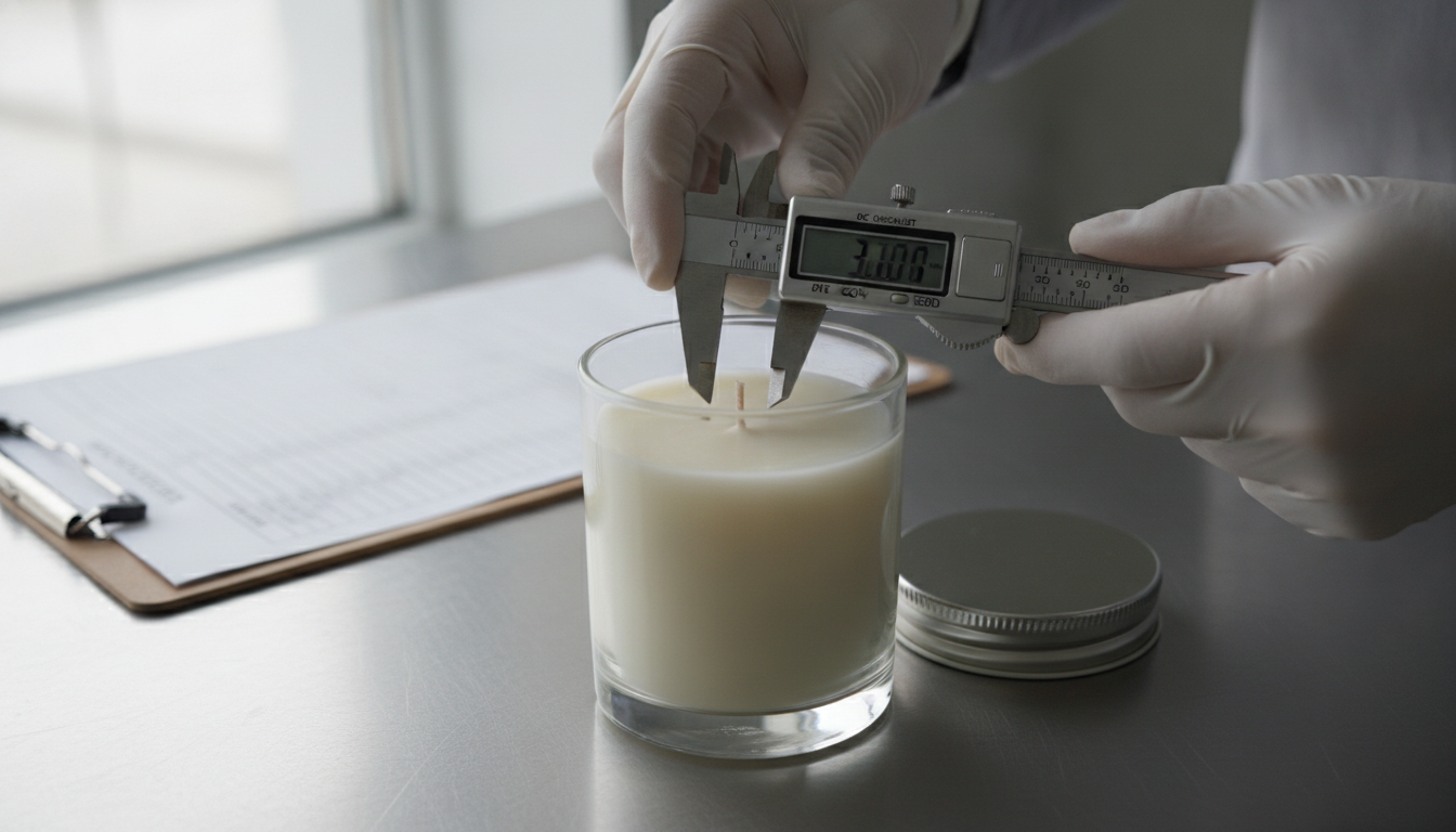 Quality control inspection measuring wick centering in custom jar candle