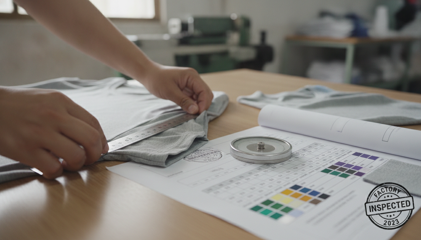 QC inspector verifying private label apparel sample against tech pack specifications